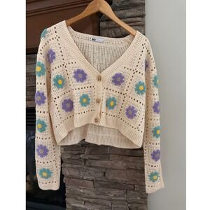 Boho 3D Floral Crochet Cropped Cardigan Cream Granny Square Sweater Size Medium